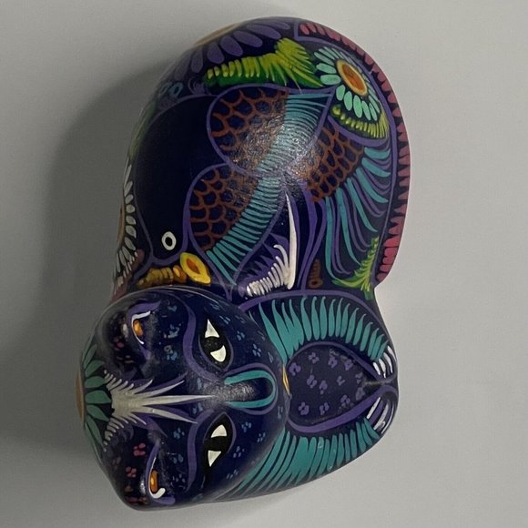 Cat Kitten Mexican Folk Art Pottery Blue W Bird Figurine Tonala Talavera Style - Picture 4 of 10